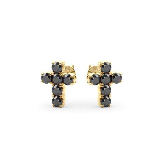 14K Solid Gold & Black Diamond Squared Pico Cross Earring