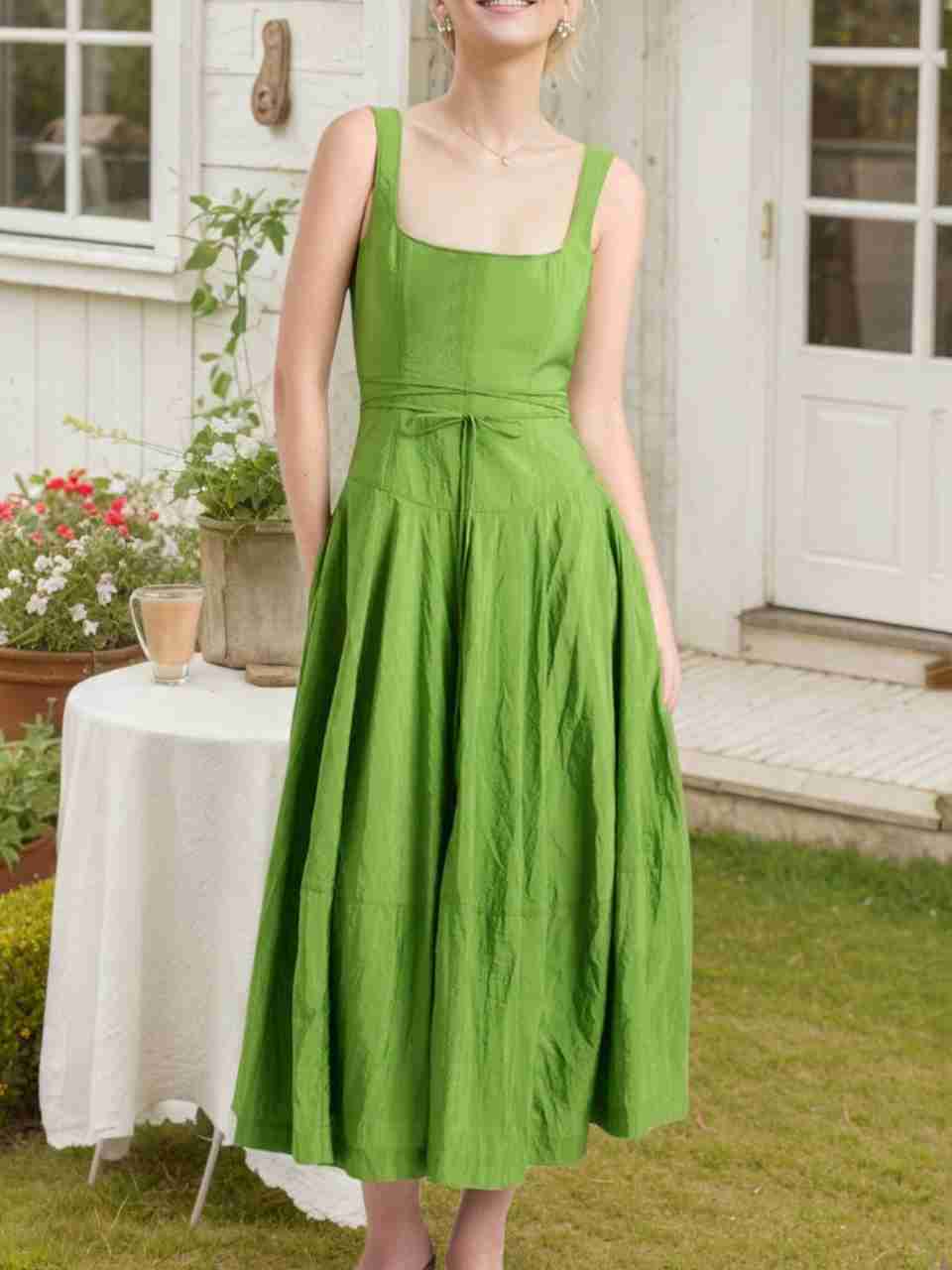 Square Neck Sleeveless Midi Swing Dress