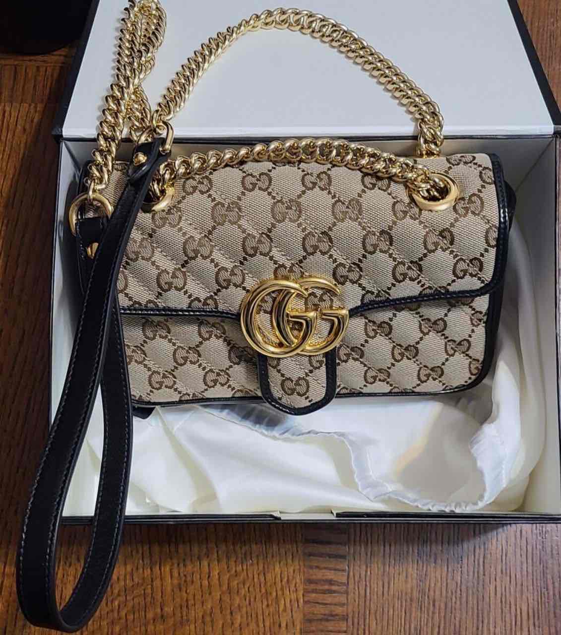 Authentic Gucci GG Marmont Diagonal Quilted Small Shoulder Bag Brown/ Black Style 443497
