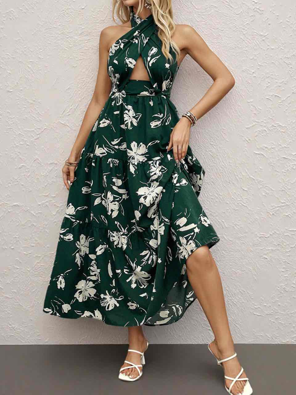 Printed Halter Neck Cutout Dress