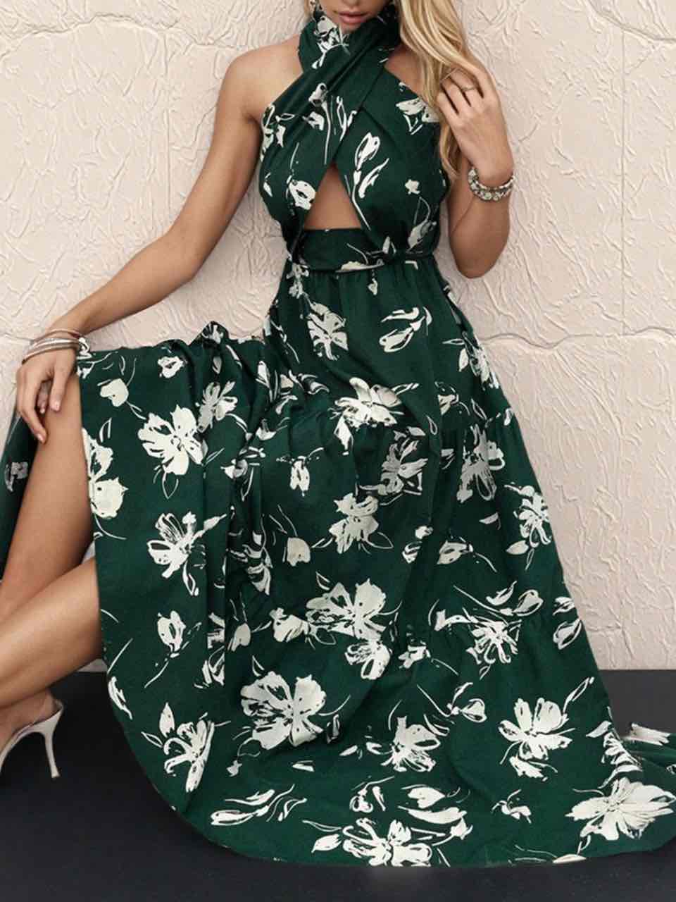 Printed Halter Neck Cutout Dress